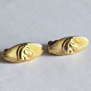 Vintage tie clips set of 2 horse head gold tone sun rays equestrian elegant oval